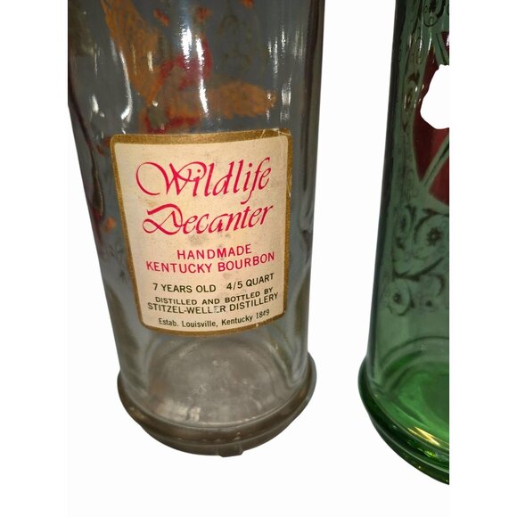 Vintage Glass Decanter Pair With Stoppers - Old Fitzgerald Prime & Green/Gold Fl - Picture 8 of 11